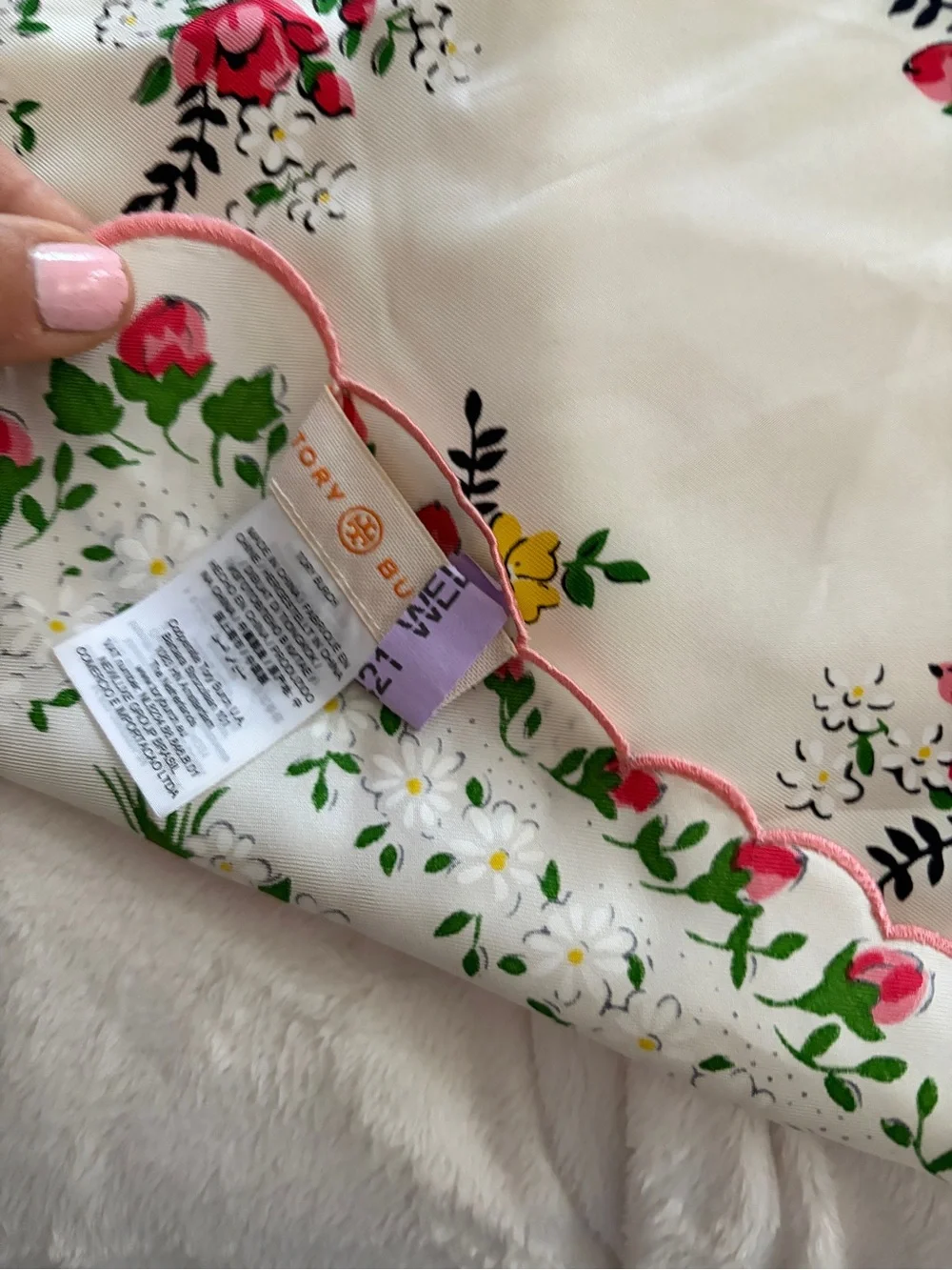 Tory Burch Neckerchief  Floral Square Scarf - Cream with Pink & Yellow Roses